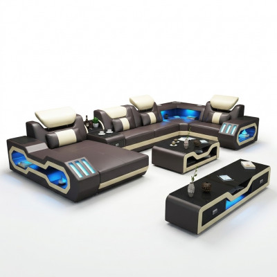 Ecksofa U-Form Dësch aus Lieder Couch Designersofa 2tlech Set mat LED USB.