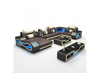 Ecksofa U-Form Dësch aus Lieder Couch Designersofa 2tlech Set mat LED USB.