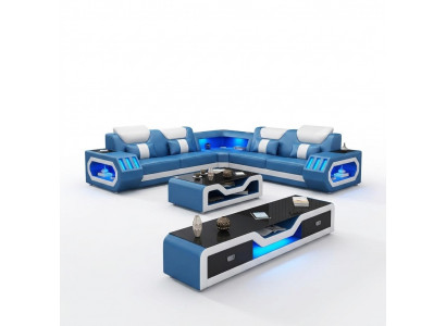 Eckcouch L Form Stilldësch Sofa Couch Design Polster Lieder Modern Blo Dësch nei