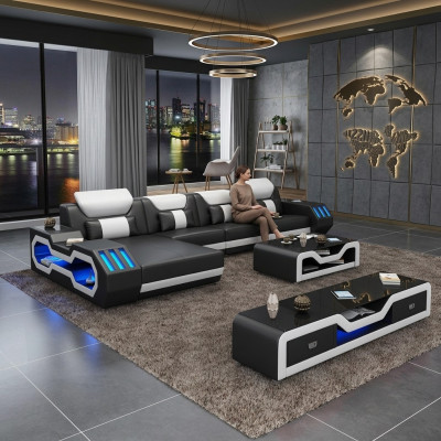 Lieder Modern Canapé Wohnlandschaft Ledersofa Sofagarnitur Canapé L-Form Dësch