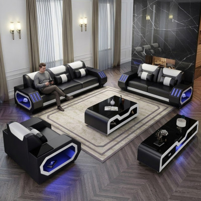Ledersofa Canapé Wunnlandschaft 321 Sëtz Garnitur Design Modern Canapé mat USB