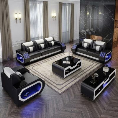 Ledersofa Canapé Wunnlandschaft 321 Sëtz Garnitur Design Modern Canapé mat USB