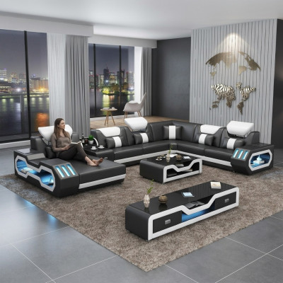 Wunnlandschaft U-Form Ecksofa Couchtisch Säitbriet Design Wunnlandschaft Grouss Neit