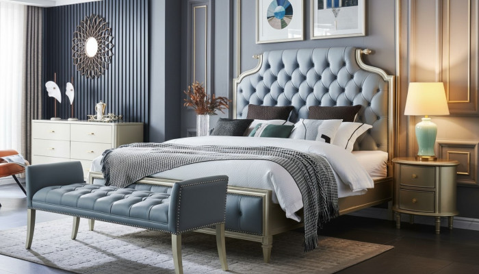 E e Bett am Chesterfield-Stil fir Är Schlofkummer.