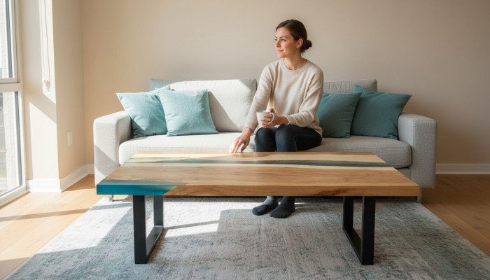 Couchtisch River Table Epoxidharz Massiv Dëscher 120x70 Flossdësch Echt Holz