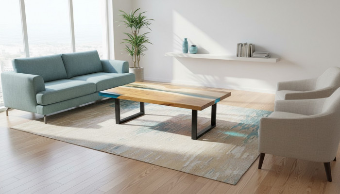 Couchtisch River Table Epoxidharz Massiv Dëscher 120x70 Flossdësch Echt Holz