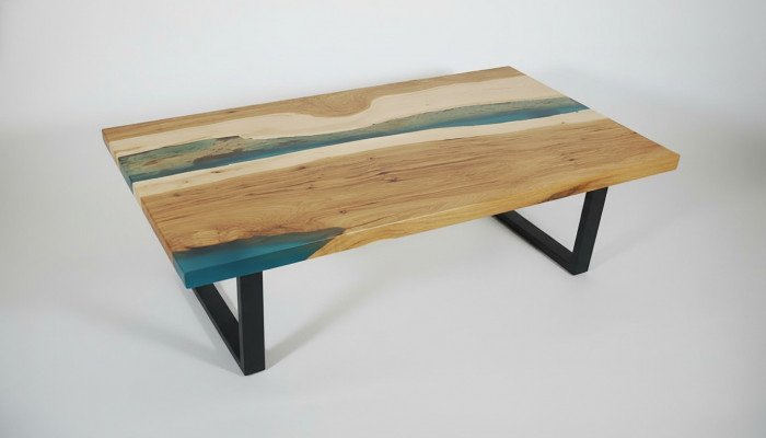 Couchtisch River Table Epoxidharz Massiv Dëscher 120x70 Flossdësch Echt Holz