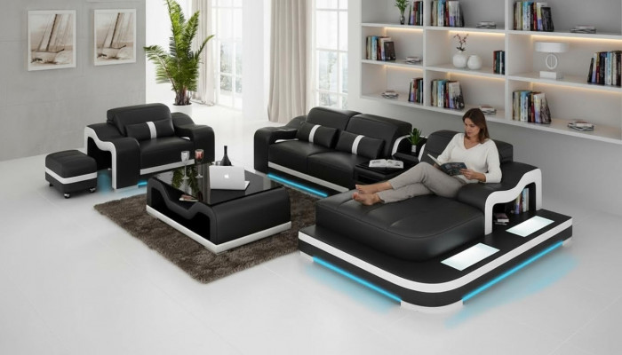 Komplett Set Garnitur Eckcouch Couch Eckgarnitur + Dëscher + USB Ecksofa