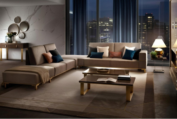 Luxus Miwwelen Eckcouch L Form Canapé Design Polster Textil Sofas Holz Garnitur