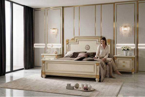 Bett + 2x Nuetsdësch 3 deeler Schlofzëmmer Set Designer Luxus Schlofzëmmer Barock