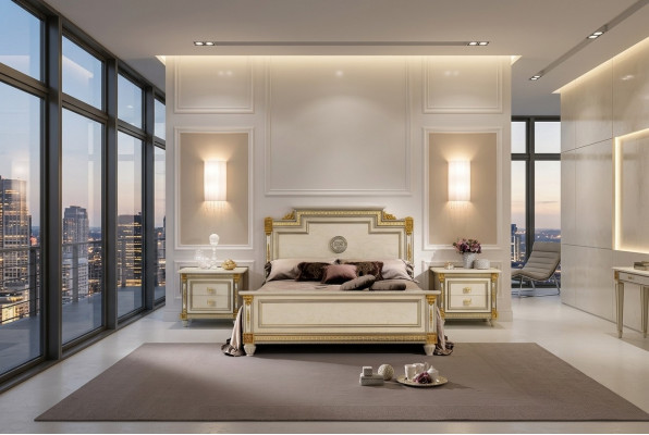 Bett + 2x Nuetsdësch 3 deeler Schlofzëmmer Set Designer Luxus Schlofzëmmer Barock