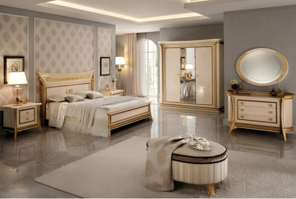 Schlofzëmmer Set Design Bett 2x Nuetsdësch Kommode Hocker Arredoclassic 7-stéck.