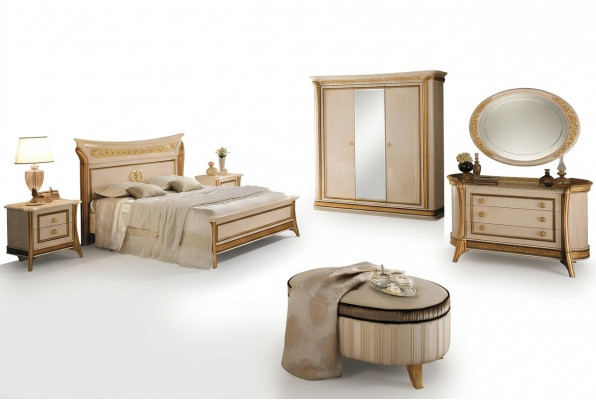 Schlofzëmmer Set Design Bett 2x Nuetsdësch Kommode Hocker Arredoclassic 7-stéck.