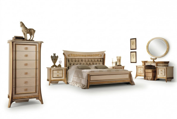 Schlofzëmmer Set Bett Nuetsdësch Kommode Spigel Hocker Neit 7 Stéck Barock Rokoko