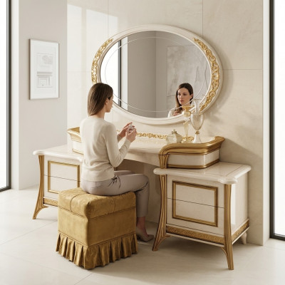 Make-Up Dësch mat Spigel Luxus Konsol Kommode Schlofzëmmer Dësch Barock Rokoko