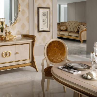 Stull Design Wunnzëmmer Iesszëmmer Holz Still Mat Polster Aarmleed Arredoclassic