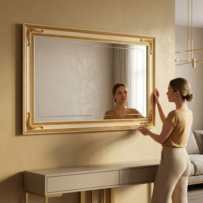 Klasseschen Mauer-Spigel Holzrahmen Spigel Miwwel Gold 170x110 Holz Rumm Wand