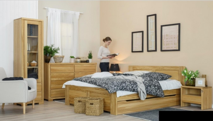 Schlofzëmmer Miwwelen 3-Deel Set Bett Nuetsdëscher 2x Better Echt Holz Massivholz