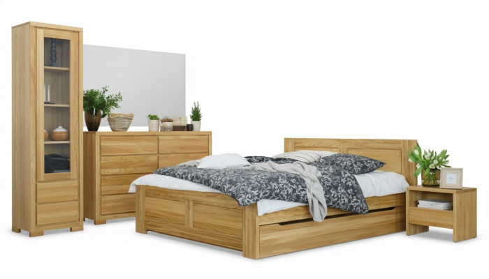 Schlofzëmmer Miwwelen 3-Deel Set Bett Nuetsdëscher 2x Better Echt Holz Massivholz