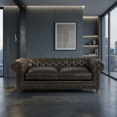 Braune Chesterfield Dräisëtz Designer Wunngsall Dräier-Couch