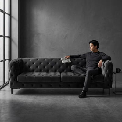 Designer schwaarzen dräisëtzer Chesterfield 3-er modern Couch