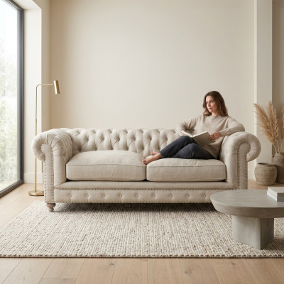 Wäiss Polster Chesterfield 3-Sëtzer Luxus Wunnzëmmer Sofa