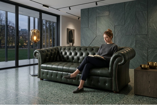 Grénge Chesterfield 3-Sëtzer Designer Luxus Dräisëtzer Couch