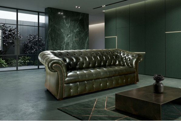 Grénge Chesterfield 3-Sëtzer Designer Luxus Dräisëtzer Couch