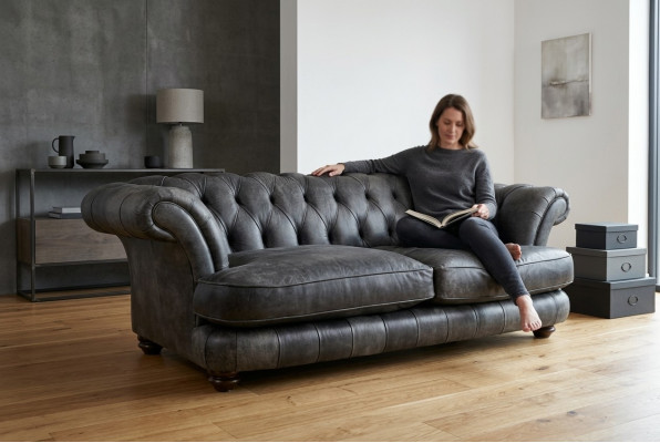 Chesterfield Grouss XXL Canapé % Lieder Schwaarz 3-Sëtzer Vintage-Stil