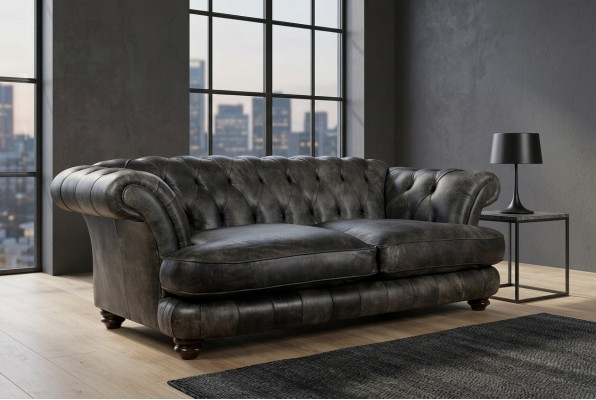 Chesterfield Grouss XXL Canapé % Lieder Schwaarz 3-Sëtzer Vintage-Stil