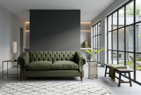 Gréng Chesterfield Dräisëtzer Designer Luxus Couch