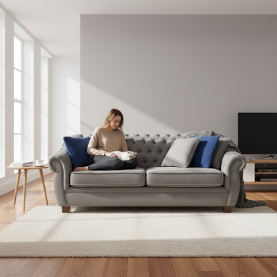Chesterfield Stoff Polster Drësëtzeger Wunnzëmmer Couch Textil Design
