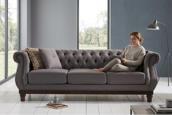 Groue Chesterfield Sofa Couch Polster Stoffssofa Designer 3-Sëtzer