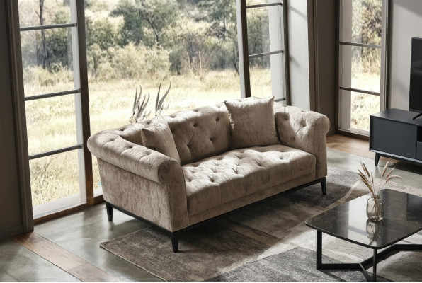 Gemittleche beige Chesterfield Drësëtzer Wunnzëmmer Couch