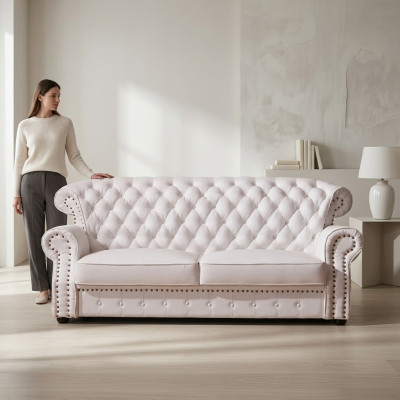 Wäissen Dräisëtzer Chesterfield Héich Récklinn Echt Handaarbecht Lieder Canapé
