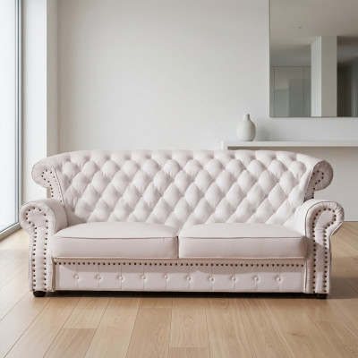 Wäissen Dräisëtzer Chesterfield Héich Récklinn Echt Handaarbecht Lieder Canapé