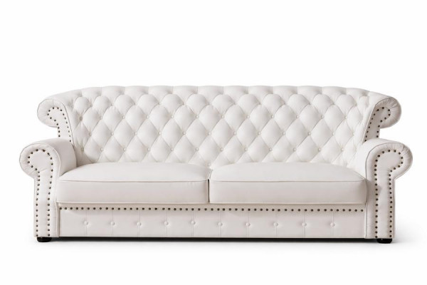 Wäissen Dräisëtzer Chesterfield Héich Récklinn Echt Handaarbecht Lieder Canapé