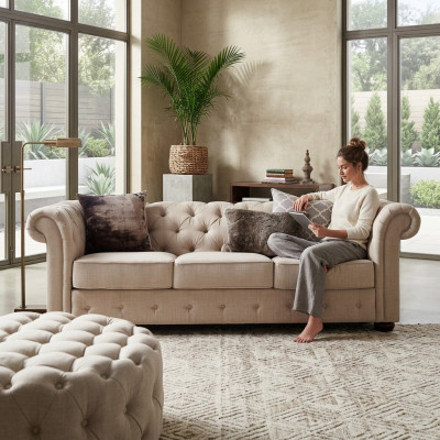 Landhausstil Miwwelen - Chesterfield Sofa Sëtz Garnitur 3+2 Set Stoff
