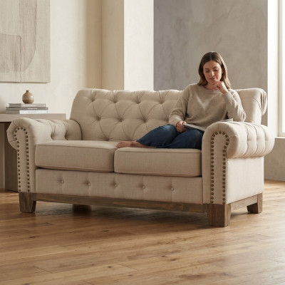 Chesterfield 2 Sëtz Klassesch Luxus Natur Holz Gestell Sofa Textil Lieder Couch