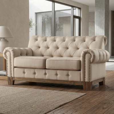 Chesterfield 2 Sëtz Klassesch Luxus Natur Holz Gestell Sofa Textil Lieder Couch