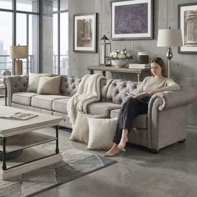 Chesterfield Wunnzëmmer Polstermébel Sofa Couch Fënnef Plazen Textil
