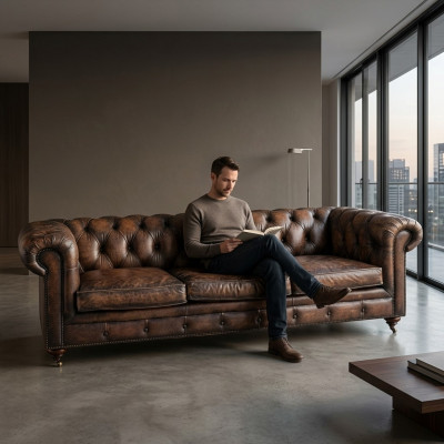 Braune Chesterfield 3-Sëtzer Lieder Sofa Canapé Englëschen Stil Miwwelen