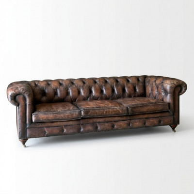 Braune Chesterfield 3-Sëtzer Lieder Sofa Canapé Englëschen Stil Miwwelen