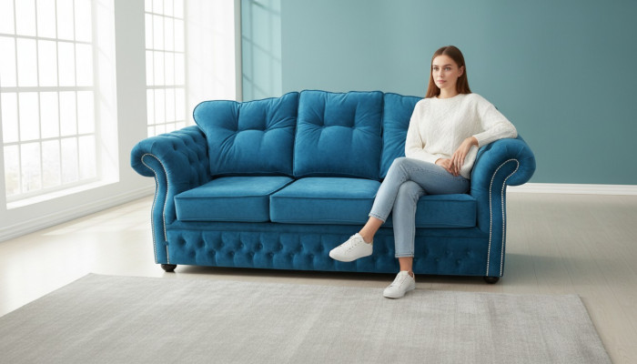 Blo Chesterfield Stoffpolster Dräisëtz-Stoffcouch Wunnzëmmer Design