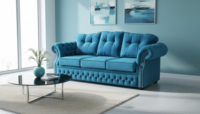 Blo Chesterfield Stoffpolster Dräisëtz-Stoffcouch Wunnzëmmer Design