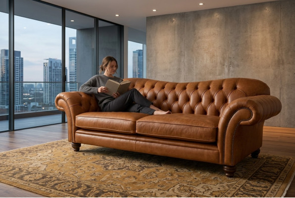 Brongen Chesterfield Dräisëtzer Luxus Wunnzëmmer 3-er Canapé