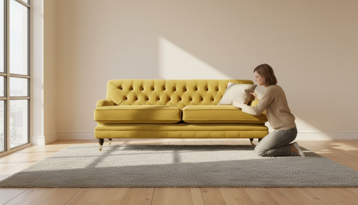 Gelbe Chesterfield Stoff Polster Dreisitzer Wohnzimmer Couch Design