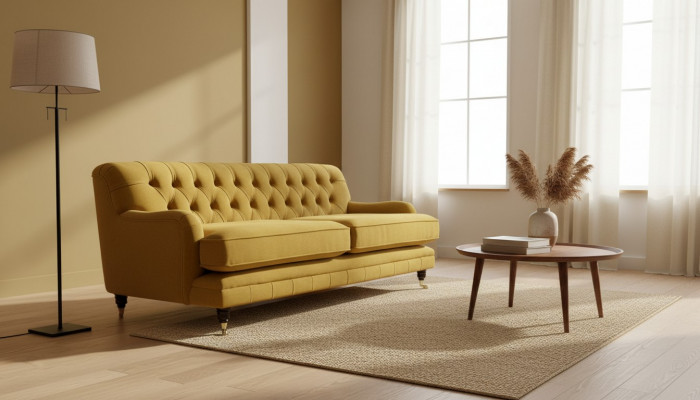 Gelbe Chesterfield Stoff Polster Dreisitzer Wohnzimmer Couch Design