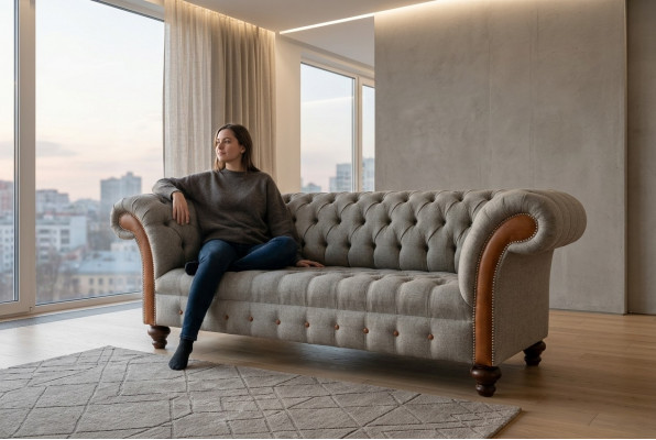 Chesterfield 3-Sëtzer Klassesch Luxus Barock Rokoko Couch Sofa Textil Couch