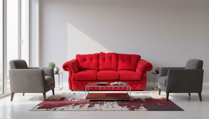 Rout Chesterfield Stoff Polster Dräisëtzer Wunnzëmmer Sofa Design